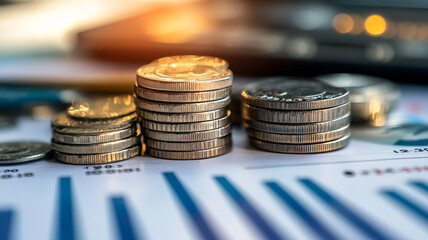 Coins stacked on financial documents with graphs and a calculator in a workspace setting