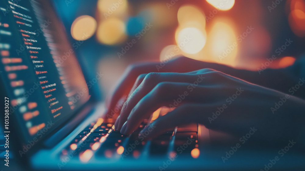 Poster person coding on a laptop in a dimly lit room with colorful bokeh lights in the background