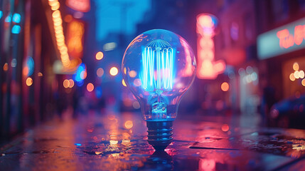 Innovation blue neon luminous light bulb line glowing
