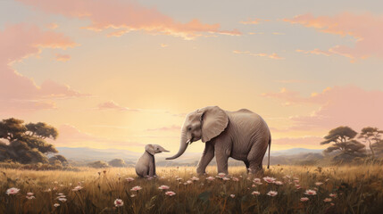 A heartwarming scene of an elephant calf affectionately touching trunks with its mother in the glowing savannah at sunset.