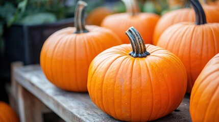 orange pumpkins at outdoor farmer market. pumpkin patch. Copy space for your text