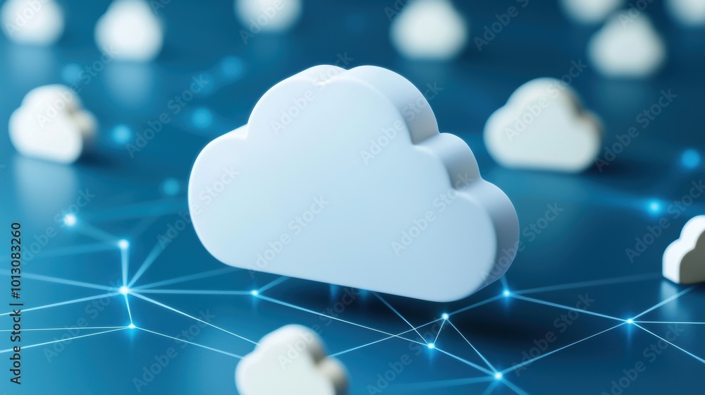 Poster a realistic representation of a cloud symbol on a digital background, conveying concepts of cloud co