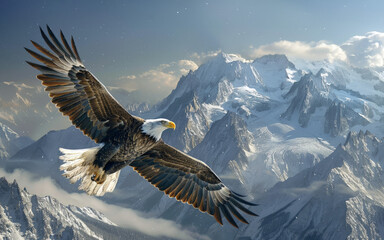 A majestic bald eagle fly with outstretched wings above a breathtaking snowy mountain range under a clear sky.