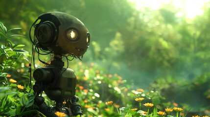 In a vibrant forest scene, a robot with large expressive eyes curiously observes its lush, green surroundings.
