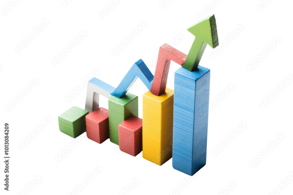 Poster colorful wooden blocks represent growth and progress in business analytics on a white isolated backg