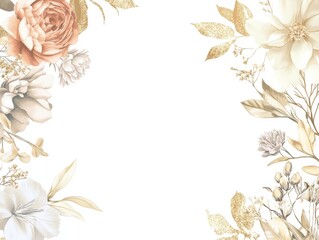 2408 17.An elegant wedding invitation with a golden frame delicately wrapped in floral arrangements. Soft blush and ivory flowers with intricate golden leaves form a beautiful border. The white