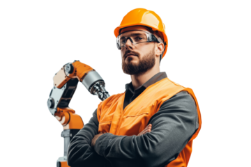 Confident Engineer with Robotic Arm: A portrait of a serious, bearded engineer in safety gear, standing confidently with a robotic arm in the background.  The image conveys expertise.