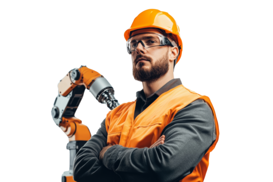 Confident Engineer with Robotic Arm: A portrait of a serious, bearded engineer in safety gear, standing confidently with a robotic arm in the background.  The image conveys expertise.