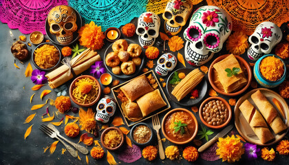 Day of the Dead Mexican food flat lay with vibrant, colorful decorations and empty space for text.