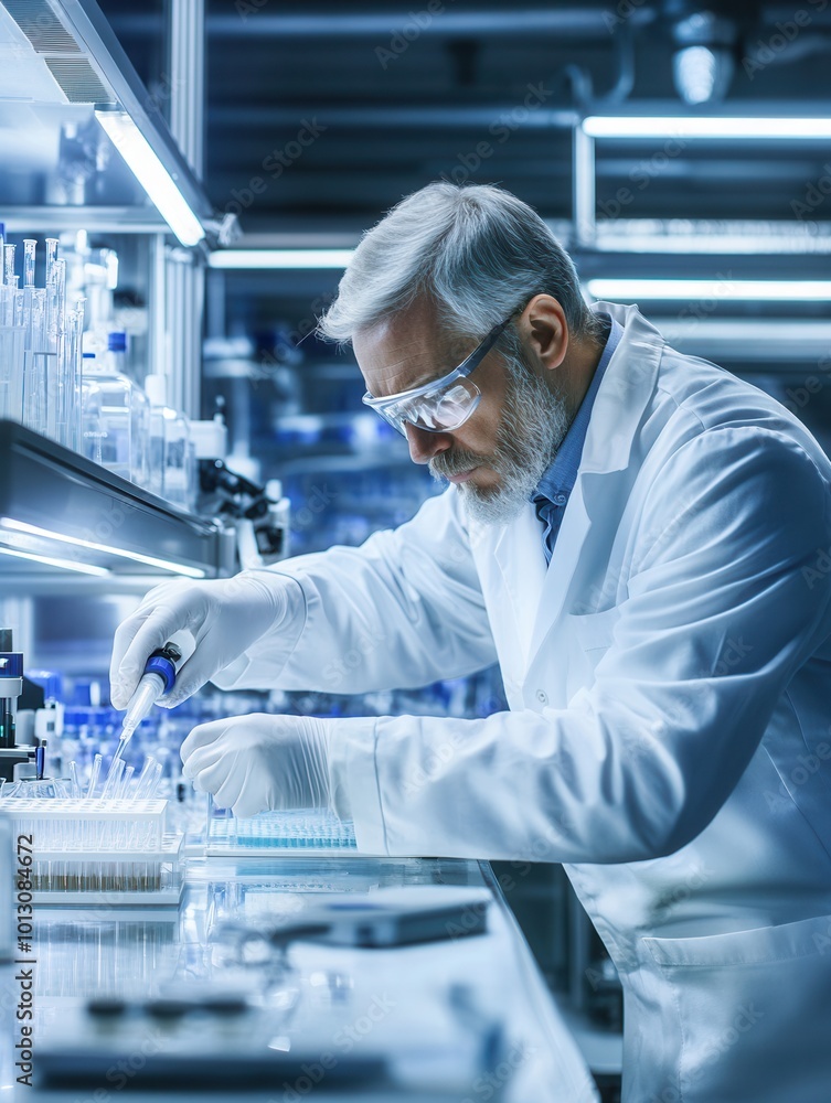 Aufkleber a scientist in a white lab coat and protective gear focuses on precise measurements and sample analy