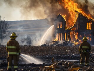 2408 28.A close-up view of the house engulfed in flames, with firefighters using water hoses to manage the burn. The backdrop shows the rural Nebraska landscape, with cornfields and distant hills,