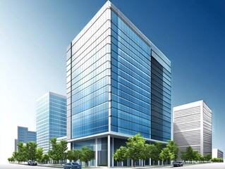 2408 44.A realistic vector of a mid-rise office building with reflective glass windows and sleek, modern lines. The building stands tall among other commercial structures, with ample space for