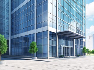 Fototapeta premium 2408 45.A high-detail 3D vector illustration of a corporate office tower, emphasizing its exterior design with floor-to-ceiling windows, metal panels, and a well-maintained front plaza. The clean and