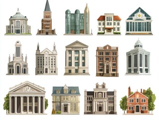 Fototapeta premium 2408 51.A detailed illustration set featuring exterior facades of key urban buildings, including a grand university with stone columns, a modern glass-paneled hotel, and a traditional church with a