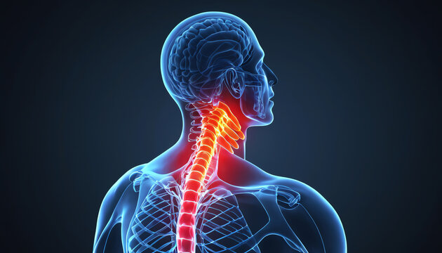 3D rendered illustration of a human body anatomy, showcasing the spine and skeleton in blue for medical reference