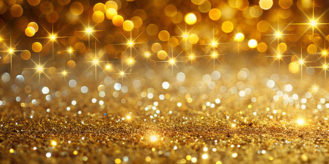A shimmering backdrop of golden glitter sparkles, evoking the festive spirit of Christmas.