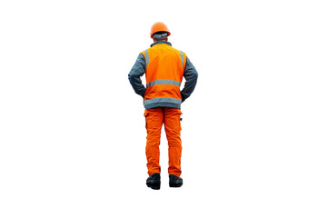 Fototapeta premium Construction worker in safety gear, standing with hands behind back, isolated on white background.