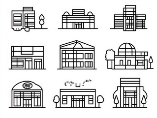 Fototapeta premium 2408 74.A collection of building icons in black line style, representing a wide range of structures, including a bustling shop, a university with a large entryway, and a hotel with a sleek, modern