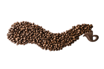 Curved arrangement of coffee beans leading to a coffee cup silhouette, on a white isolated background.