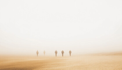 Capture people walking across a barren desert landscape, emphasizing isolation and the vastness of their surroundings