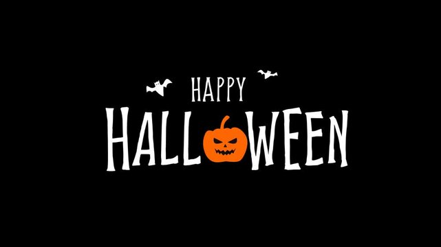animation of a happy halloween. happy halloween with handwritten. the pumpkin appears and the word halloween. flying bats. Halloween party. Alpha channel 4k