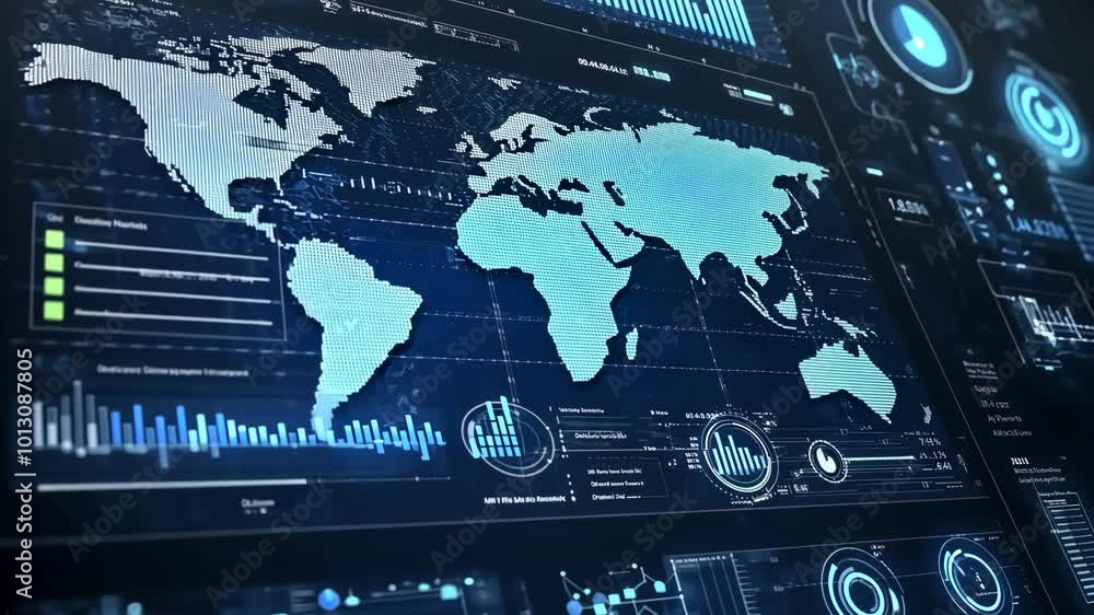 Aufkleber a digital map of the world displayed on a screen with other data visualizations