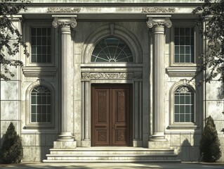 Obraz premium 2408 101.A detailed front view of a grand bank building, featuring large stone columns, an arched entrance, and a decorative facade. The buildingâ€™s design conveys strength and stability, with