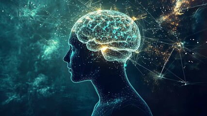 A stylized image of a human brain in a profile view, set against a dark blue background with glowing connections
