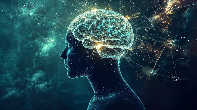 A stylized image of a human brain in a profile view, set against a dark blue background with glowing connections