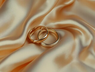 2408 108.Two polished gold wedding rings lying atop a chic, cream-colored satin fabric, the soft pleats draped elegantly to frame the rings. The scene exudes romance and luxury, with the rings