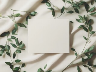 Naklejka premium 2408 112.A minimalist white wedding invitation card placed on a soft, neutral background, accented by delicate green botanical decor. The blank card offers ample space for design, while the
