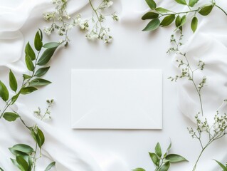2408 113.A flat lay of a white wedding invitation mockup set against a simple backdrop with botanical accents. The card is surrounded by elegant, leafy greenery, providing a natural and sophisticated