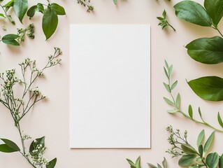 Naklejka premium 2408 116.A white wedding invitation card mockup set on a soft background, framed by botanical decor featuring delicate green leaves and small floral accents. The clean, blank card provides space for