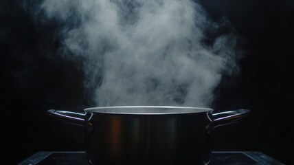 Black electric pot for boiling water or boiling soups and smoke on dark background for people Cooking in the pot, steam over cooking pot,boiling water in the kitchen room.