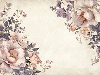 2408 119.A romantic wedding invitation design featuring a vintage floral arrangement with faded blooms in pink, cream, and lavender. The flowers are intricately arranged around the border of the