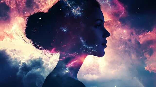 A woman's silhouette is superimposed with a nebula, suggesting a connection between the human mind and the vastness of the universe