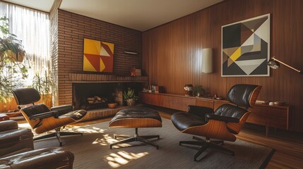 Mid-century modern living room with leather chairs and a fireplace.