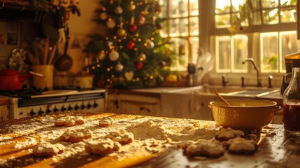 Cozy Christmas Baking in a Warm Kitchen with Holiday Decor and Cookies