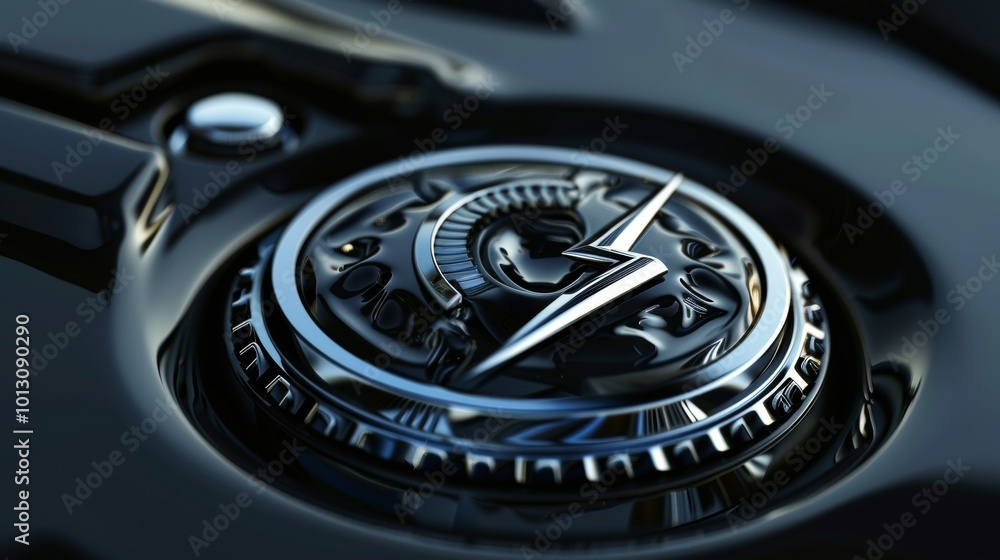 Poster a futuristic fuel cap made of glossy black material adorned with a sleek silver symbol that resemble