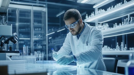 A scientist wearing a lab coat and protective gear meticulously works with test tubes and samples in a modern laboratory setting. Generative AI