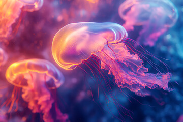 Naklejka premium Glowing jellyfish swimming through a bright, colorful ocean of liquid light, symbolizing underwater imagination