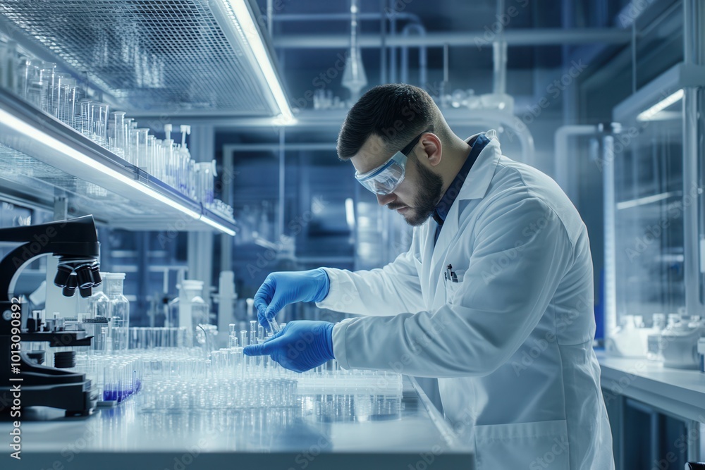 Aufkleber A scientist dressed in a lab coat, gloves, and safety glasses meticulously processes test tubes and samples in a laboratory setting. Generative AI
