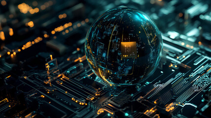 Globe with digital padlock over circuit board, dark background. Concept of global cybersecurity and digital protection