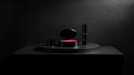 A minimalist arrangement of makeup powder and lipstick on a black platform, with bold lighting highlighting the contrast of textures.