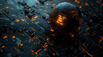 Globe with digital padlock over circuit board, dark background. Concept of global cybersecurity and digital protection