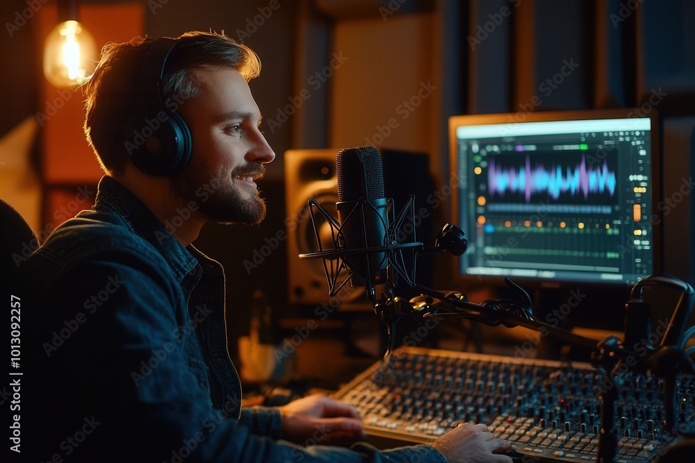 Poster the podcaster speaks into a microphone, attentively managing equipment and interacting with an audie