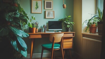 Fototapeta premium A minimalist home office featuring a wooden desk with decorative elements, a comfortable chair, and vibrant potted plants, illuminated by natural light.