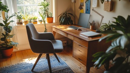Fototapeta premium A minimalist home office featuring a wooden desk with decorative elements, a comfortable chair, and vibrant potted plants, illuminated by natural light.