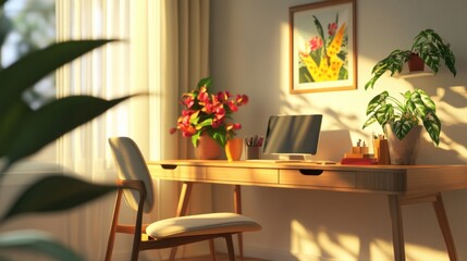 A minimalist home office featuring a wooden desk with decorative elements, a comfortable chair, and vibrant potted plants, illuminated by natural light.