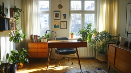 A minimalist home office with a sleek wooden desk, decorative accents, and potted plants, enhanced by natural light and a cozy atmosphere